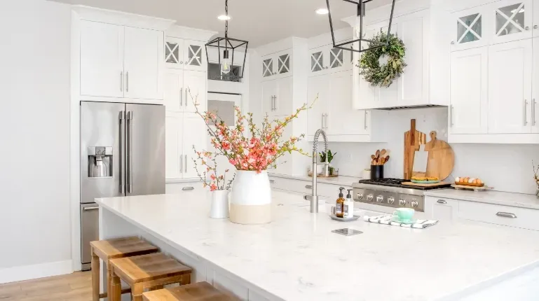 kitchen corner with marble countertops